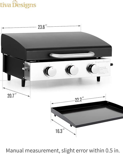 Captiva Designs 22 in Flat Top Grill with Ceramic Coated Cast Iron Pan, Portable Tabletop Propane Gas Griddle Grill for Camping, Outdoor & Tailgating Barbecue, 24,000 BTU Output, 3 Burners
