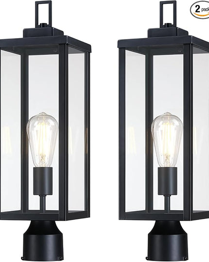 GRUENLICH Outdoor Lamp Post Light Fixtures, Exterior Pole Lantern with Tempered Glass, 20.5 Inch Fence Post Lighting for Garden Yard Pathway, Black, 2 Pack