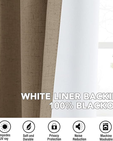 H.VERSAILTEX Linen Curtains 100% Blackout Curtains for Bedroom 63 inch Long Full Light Blocking Nature Linen Blended Window Curtains for Living Room Nickel Grommet (2 Panels, Heathered Macchiato)