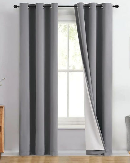 Yakamok 100% Blackout Curtain Panels 84 inches Cold and Light Blocking Drapes for Nursery, 2 Thick Layers Thermal Insulated Draperies (2 Pieces, 40 Wide Each Panel, Grey Front with White Backing)