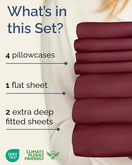 Extra Deep Split King Sheet Set - 7 Piece Breathable and Cooling Sheets - Hotel Luxury Bed Sheets Set - Easy Fit - Soft, Wrinkle Free and Comfy Sheets Set - Burgundy Sheet Set with Extra Deep Pockets