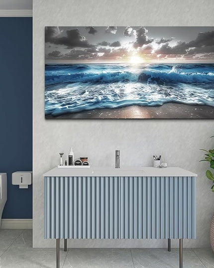 hyidecorart Blue Sea Waves Wall Pictures Framed Wall Art For Living Room Canvas Wall Decor For Office Sunshine Beach Painting Bedroom Home Decorations Prints Posters Mural Artwork Ready To Hang