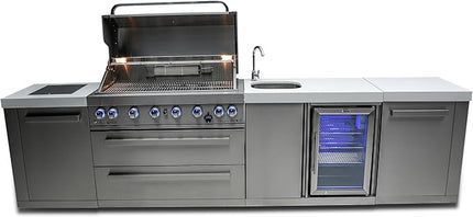 Mont Alpi MAi805-BEV 44-inch 6 Burner 115000 BTU Stainless Steel Modular Outdoor Kitchen Island Barbecue Grill with Beverage Center + White Granite Countertops + Outdoor Rated Refrigerator