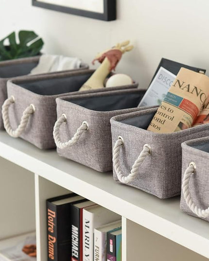 TheWarmHome Foldable Small Storage Baskets with Strong Cotton Rope Handles [6-Pack] Gray Collapsible Storage Bins Set Works Room Storage, Nursery Baskets