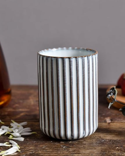 Stoneware Coffee Bar Utensil Holder Tea & Coffee Spoon & Stirrer Holder for Stir Stick Straw Teaspoon Holder Spoon Cup Small Utensil Jar Fluted Vertical Stripe (Retro White)
