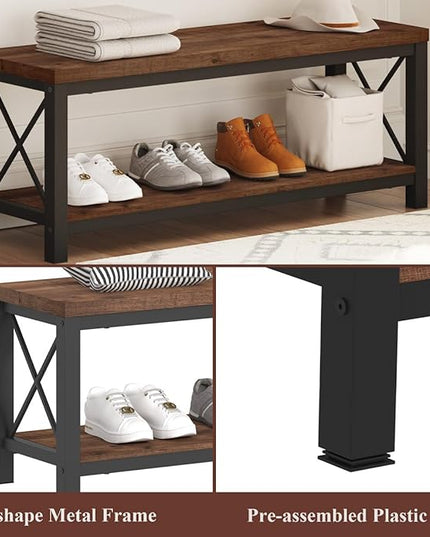 BON AUGURE Entryway Bench with Storage, 2 Tier Wood Metal Shoe Bench, Storage Benches for Bedroom, Entrance, Hallway, Mudroom, Indoor (47 inch Wide, Rustic Oak)