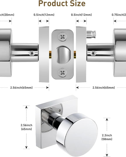 Polished Chrome Door Knobs Interior Privacy Door Knob with Lock, Polished Chrome Door Handles for Bathroom Bedroom
