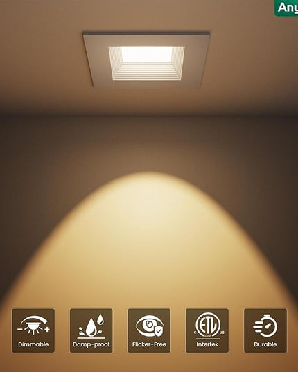 4 Inch Led Recessed Lights Square,Led Downlight Square White,with Baffle Anti-Glare,5CCT 2700K-5000K Dimmable,9W 800LM,ETL & ES(12 Pack)