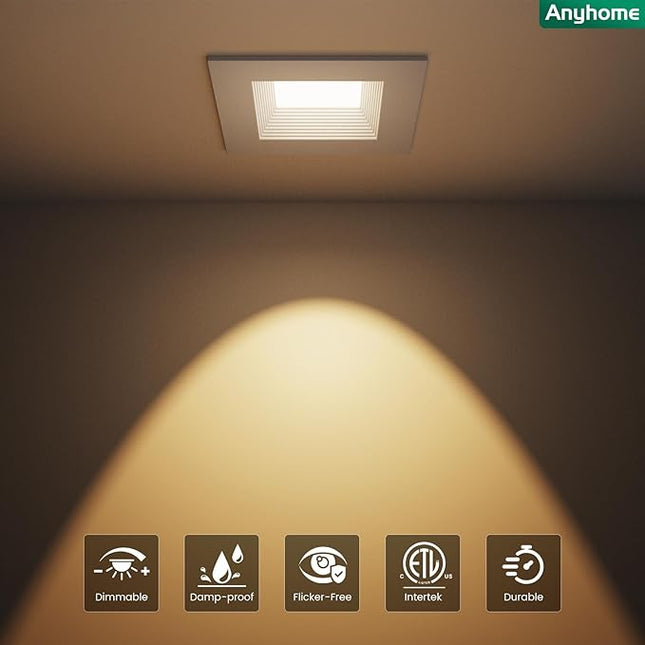4 Inch Led Recessed Lights Square,Led Downlight Square White,with Baffle Anti-Glare,5CCT 2700K-5000K Dimmable,9W 800LM,ETL & ES(24 Pack)