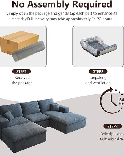 107'' U-Shaped Modern Modular Sectional Cloud Couch Whit Ottoman, 4-Seat Chenille Deep-Seat Sofa with Pillow for Living Room, Bedroom, Apartment, Ocean Blue