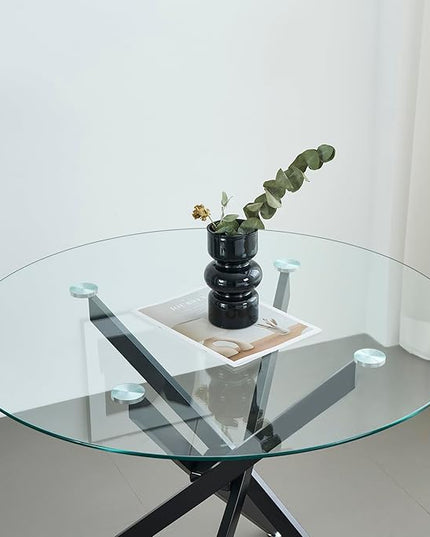 36" Round Glass Dining Table Modern Kitchen Glass Top Table for 4 with Black Metal Legs, Clear Dining Table Kitchen Table for Home Office Dining Room