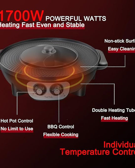 Food Party Hot Pot with Grill 2 in 1 Electric Smokeless Grill and Hotpot Pot Combo Korean BBQ Grill 110V 1700W