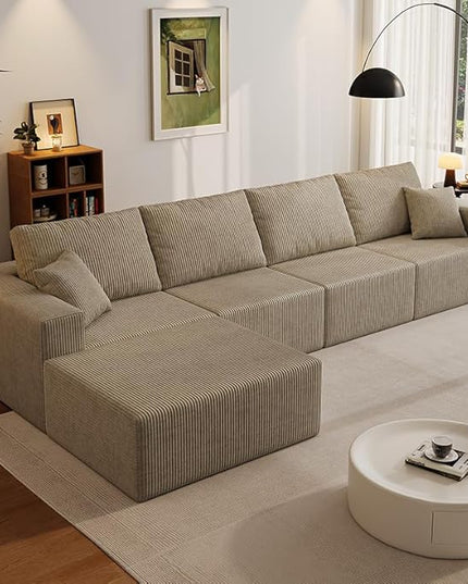139" Boneless Cloud Sectional Couch for Living Room, Compressed Modular L-Shaped Sofa with Deep Seat, Frameless Corduroy Couch in Boxes, No Assembly Required 4-Seater (Left-Facing Chaise, Grey)