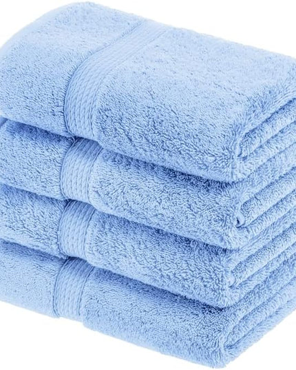 Superior Egyptian Cotton Pile Hand Towel Set of 4, Ultra Soft Luxury Towels, Thick Plush Essentials, Absorbent Heavyweight, Guest Bath, Hotel, Spa, Home Bathroom, Shower Basics, Light Blue