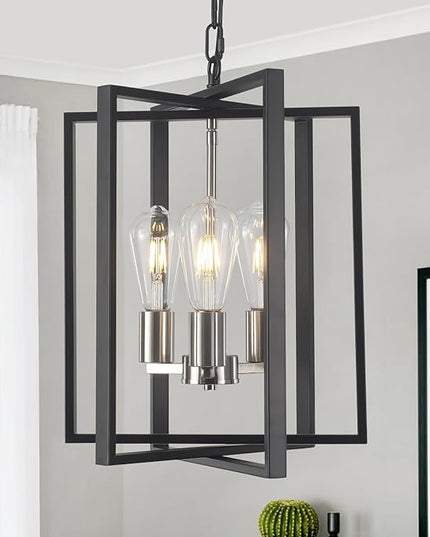 Modern Farmhouse Chandelier for Dining Room, 3 Light Black and Nickel Entryway Light Fixture Adjustable Pendant Lights Kitchen Island Rustic Hanging Chandelier for Foyer Living Room Hallway Bedroom