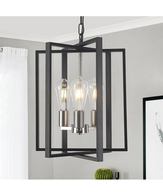 Modern Farmhouse Chandelier for Dining Room, 3 Light Black and Nickel Entryway Light Fixture Adjustable Pendant Lights Kitchen Island Rustic Hanging Chandelier for Foyer Living Room Hallway Bedroom