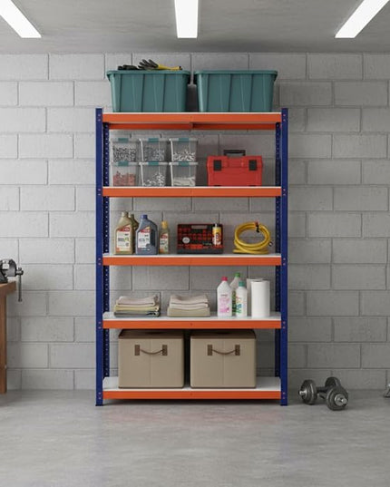 Heavy Duty Storage Shelving Unit, 5-Tier Metal Rack, Blue and Orange Iron Frame, 70.8x35.4x15.7 Inches, Multipurpose Organization for Garage, Kitchen, Office
