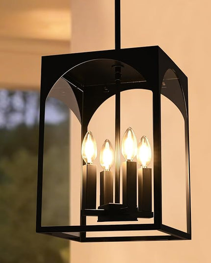 VINLUZ Large Outdoor Indoor Pendant Light 4-Light, Classic Black Finish Metal Chandelier Outside Hanging Fixture Ceiling Mount with Clear Glass Shade for Front Porch Entrance Foyer