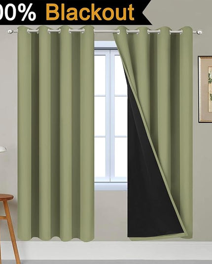Yakamok 100% Blackout Curtains Energy Saving Thermal Insulated 2 Thick Layers Completely Blackout Drapes with Black Liner for Bedroom (52Wx72L, Sage, 2 Panels)