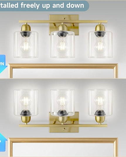 Modern Brushed Gold 3 Light Bathroom Light Fixtures, 19 inch Vanity Lights for Bathroom with Clear Glass, Bathroom Lighting Fixtures Over Mirror for Mirror Kitchen Living Room