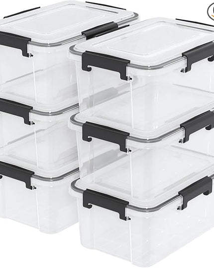 6-Pack 12 Quart Plastic Gasket Box with Seal Lids, Watertight Organizing Tote Container, Stackable Bin with Secure Latching Buckles, Clear