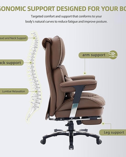 Efomao Big and Tall Office Chair with Footrest – High Back Computer Chair with Adjustable Armrests，Executive Office Chair with Wide Seat, Modern Desk Chair for Home Office, Gaming, or Study, Brown