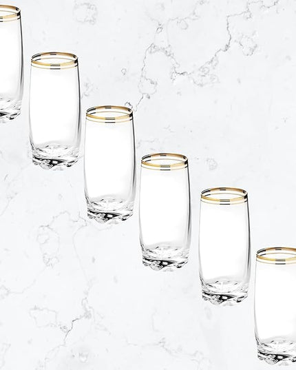 13.25 Oz Gold Glass Cup (Set of 6) - Elegant Drinking Glasses with Gold Accented Rim, Durable Glassware for Entertaining, Dining, Everyday Use - Ideal for Cocktails & Beverages