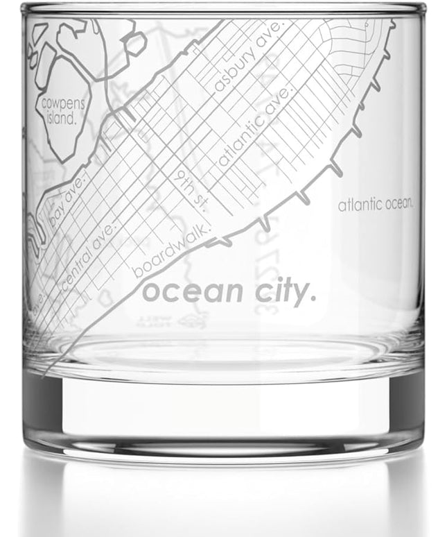 Well Told Engraved Ocean City New Jersey Map Rocks Glass, Old Fashioned Glassware (11 oz, Clear) Etched Bourbon Tumbler, Gifts For Whiskey Lovers