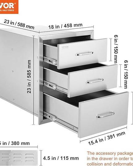 VEVOR 18x23 Inch Outdoor Kitchen Stainless Steel Triple Access BBQ Drawers with Chrome Handle, 18 x 23 x 23 Inch