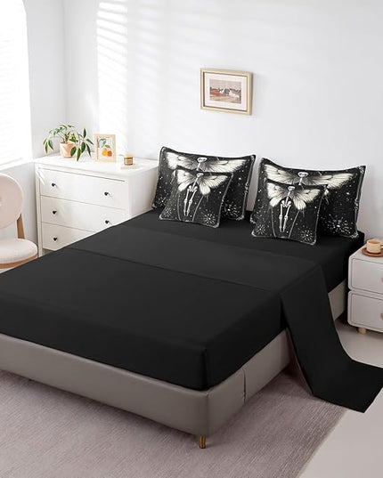 Feelyou Death Moth Kids Comforter Set 7pcs, Boho Moon Star Bed Set Full for Boys Girl, Gothic Skull Skeleton Bedding with 1 Comforter,1 Fitted Sheet,1 Flat Sheet,2 Pillowcases,2 Throw Pillow Cover
