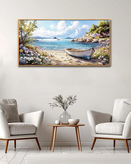 PHAOHUAXM Large Canvas Wall Decor For Living Room Wall Art For Bedroom Office Wall Decorations Print Marine Landscape Wood Framed Paintings Artwork Mural Stretched and Framed Beach Posters 24"X48"