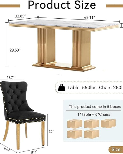 HomVent Rectangle Dining Table Set, Modern 68.11" Faux Marble Table Top & Stainless Steel Base (White with 6 Black Chairs, 7 Pieces)
