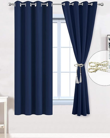 Yakamok Light Blocking Darkening Thermal Insulated Blackout Curtains Solid Grommet Top Window Drapes 2 tie Backs Bedroom， 52x63 Inch Navy Blue 2 Panels