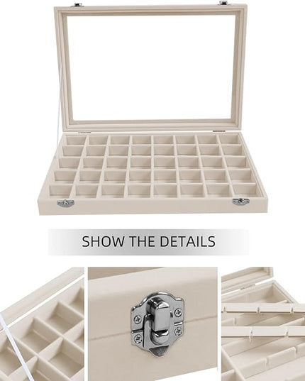 Stratalife Jewelry Organizer 40 Grid Jewelry Trays with Dust-proof Lid Velvet Earring Organizer Ring Holder Accessories Box Necklaces Earrings Storage for Women Drawers Cream