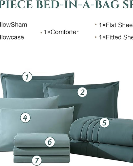 Monbix Full Comforter Set - 7 Pieces Blue Green Bed in a Bag Full Size Bedding Sets with Comforters, All Seasons Comforter with Sheets, Pillowcases & Shams