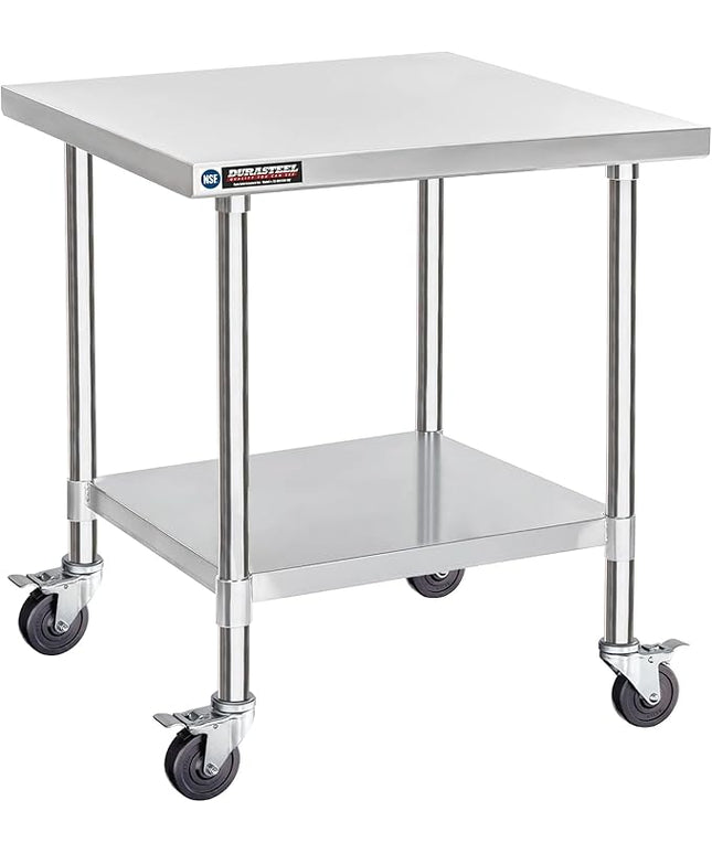 DuraSteel 30x30 NSF Stainless Steel Cart Work Table - Heavy Duty Rolling Food Prep Table Countertop Island - Metal Utility Cart on Wheels Caster, Grill Stand Storage Outdoor Kitchen Tables Bar Top