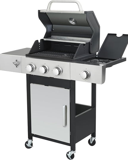 3-Burner Propane Gas Grill with Side Burner, 37,230 BTU Stainless Steel BBQ Grill with Enamel Cast Iron Grates, Warming Rack & Locking Wheels for Outdoor Patio