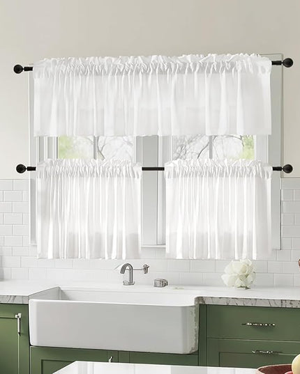 Anmao Non-See-Through Valance Kitchen Curtains 24 Inch Length 2 Panels Set, Off White Privacy Light Filtering Semi Sheer Over Sink Short Cafe Curtain Tiers for Small Windows, 25W x 24L, Ivory White