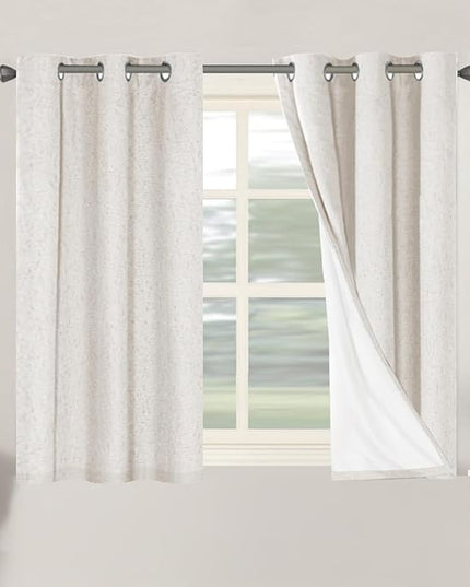 H.VERSAILTEX Primitive Linen Curtains 100% Blackout Curtain Drapes Burlap Fabric Curtains with White Thermal Insulated Liner, Grommet Top Drapes Living Room/Bedroom (2 Panels, 42 x 45 Inch, Ivory)