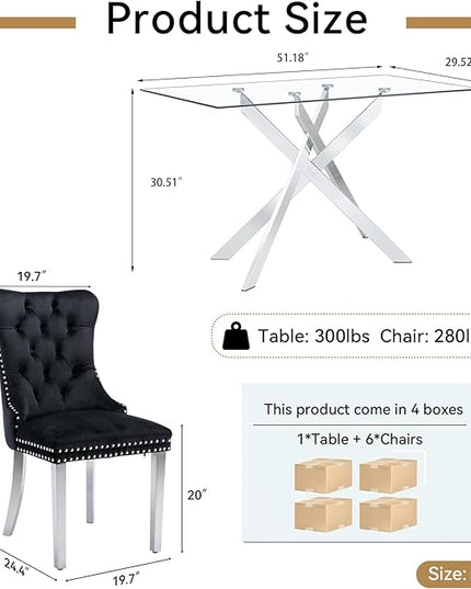 HomVent Rectangular Glass Dining Table Set for 6, Modern Tempered Glass Kitchen Table Set and Chairs, Rectangular Dining Room Table Set for Kitchen