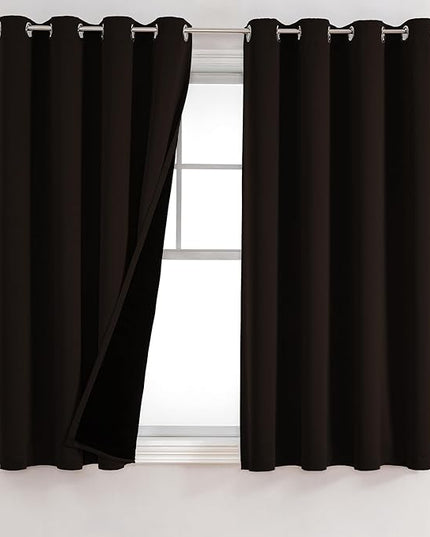 ChrisDowa 100% Blackout Curtains for Bedroom with Black Liner, 2 Thick Layers Total Blackout Thermal Insulated Grommet Window Curtains 2 Panels Set (Brown, 52 x 63 Inch)