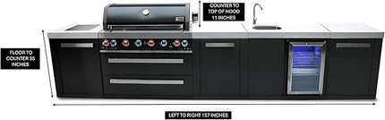 Mont Alpi MAi805-BSSBEVXL 6-Burner 157" Premium Black Stainless Steel Outdoor Kitchen Island BBQ Gas Grill + Beverage Center Sink & Faucet + Refrigerator + Granite Countertops + Cover + Rotisserie Kit