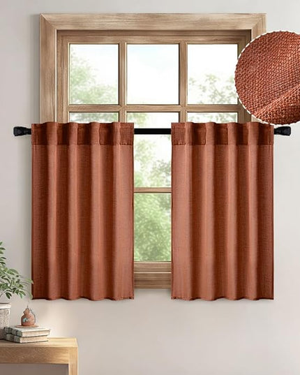 MIULEE Burnt Orange Kitchen Curtains 24 Inch Length 2 Panels, Soft Thick Linen Textured Semi Sheer Light Filtering Short Cafe Tier Curtains for Small Half Window Back Tab Rod Pocket Fall Boho Decor
