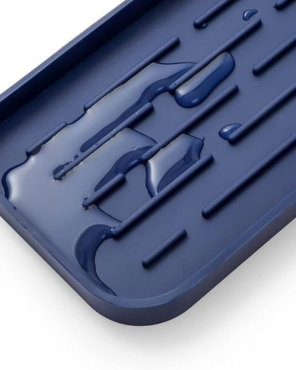 Silicone Kitchen Sink Organizer Tray for Multiple Usage,Eco-Friendly Sponges Holder for Kitchen Bathroom Counter or Sink,Dish Soap Dispenser,Scrubber,Bottle,Cup (Navy Blue, 10"×5.3")