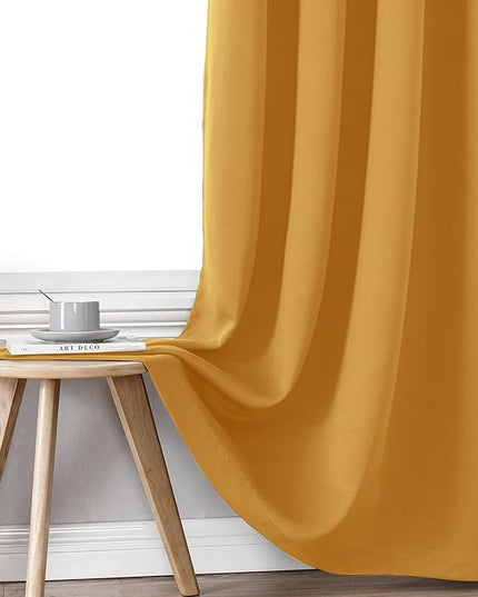 ChrisDowa 100% Blackout Curtains 90 inch Long for Bedroom with Black Liner, 2 Thick Layers Total Blackout Thermal Insulated Grommet Long Window Curtains 2 Panels Set (Mustard Yellow, 52 x 90 Inch)