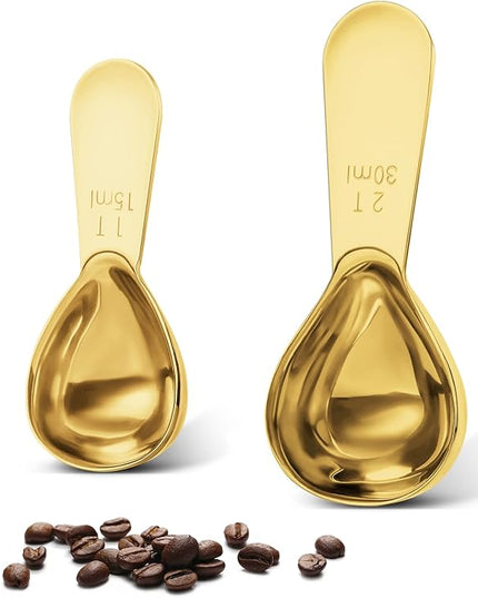 Stainless steel coffee scoop 2-piece set (1 tbsp, 2 tbsp) durable Tablespoon, ergonomic measuring spoon, Suitable for small and large jars，short-handled spoon (Gold)