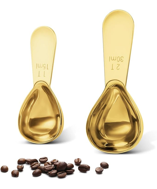 Stainless steel coffee scoop 2-piece set (1 tbsp, 2 tbsp) durable Tablespoon, ergonomic measuring spoon, Suitable for small and large jars，short-handled spoon (Gold)