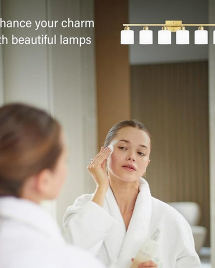 6 Light Gold Bathroom Vanity Light for Large Mirror, Gold Vanity Lights for Bathroom with Milky White Frosted Glass Shades, 38 inch Wall Lamp for Mirrors Living Room E26 Base