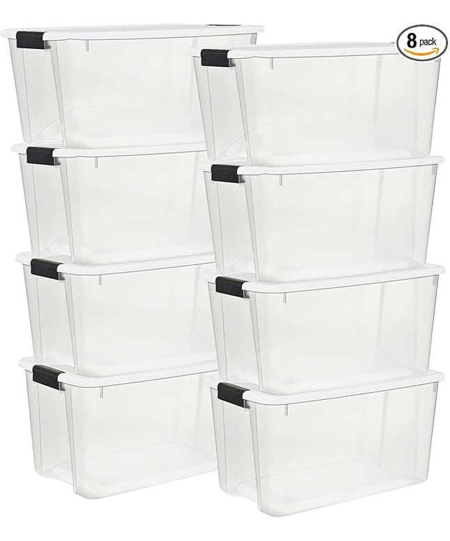 Sterilite 8 Pack Ultra Latching Box, Storage Bins with Lids, Clear Plastic, 70 Quart - Heavy-Duty Organizing Containers for Closet, Bathroom, and Office