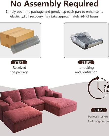 107'' U-Shaped Modern Modular Sectional Cloud Couch Whit Ottoman, 4-Seat Chenille Deep-Seat Sofa with Pillow for Living Room, Bedroom, Apartment, Wine Red